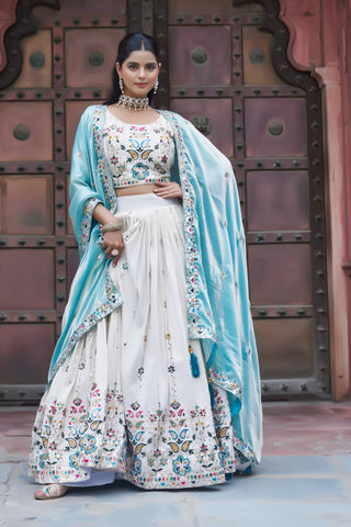 Stunning Pure Tissue Silk Embroidered Lehenga Choli Set With Pure Fendy Dupatta