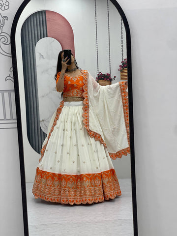 Off White Chinon Silk Lehenga with Heavy Embroidery, Cording, and Sequins Work