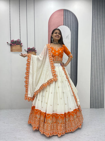 Off White Chinon Silk Lehenga with Heavy Embroidery, Cording, and Sequins Work