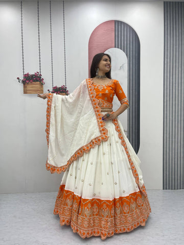 Off White Chinon Silk Lehenga with Heavy Embroidery, Cording, and Sequins Work