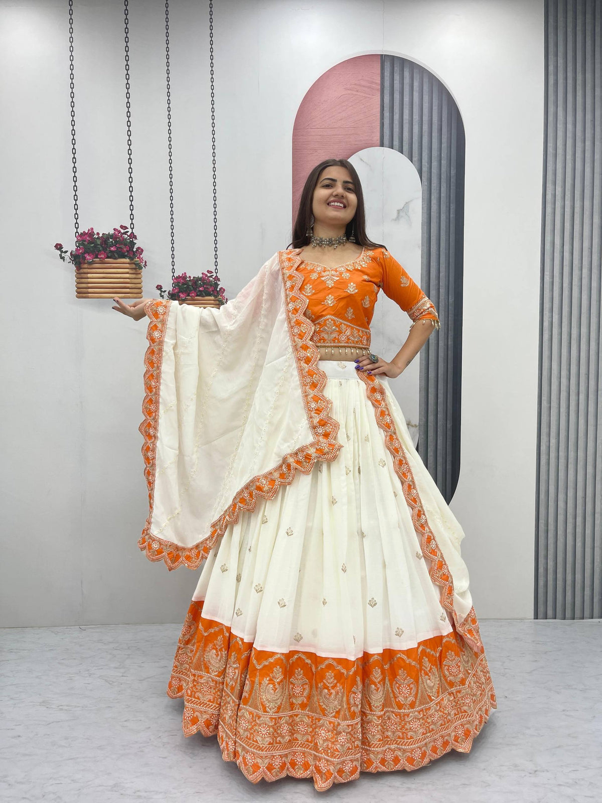 Off White Chinon Silk Lehenga with Heavy Embroidery, Cording, and Sequins Work
