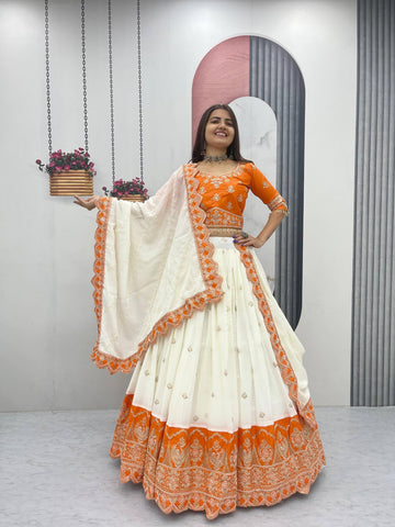 Off White Chinon Silk Lehenga with Heavy Embroidery, Cording, and Sequins Work