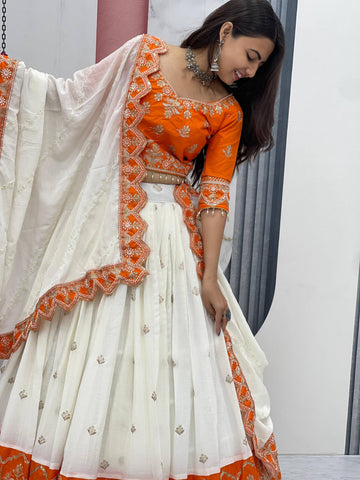 Off White Chinon Silk Lehenga with Heavy Embroidery, Cording, and Sequins Work