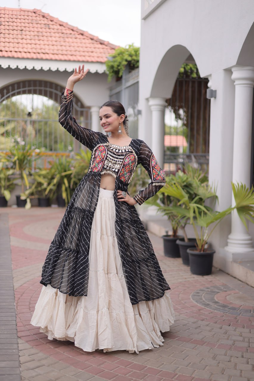Designer Navratri Kora Cotton Frill Stitch Lehenga with Laheriya Kurti