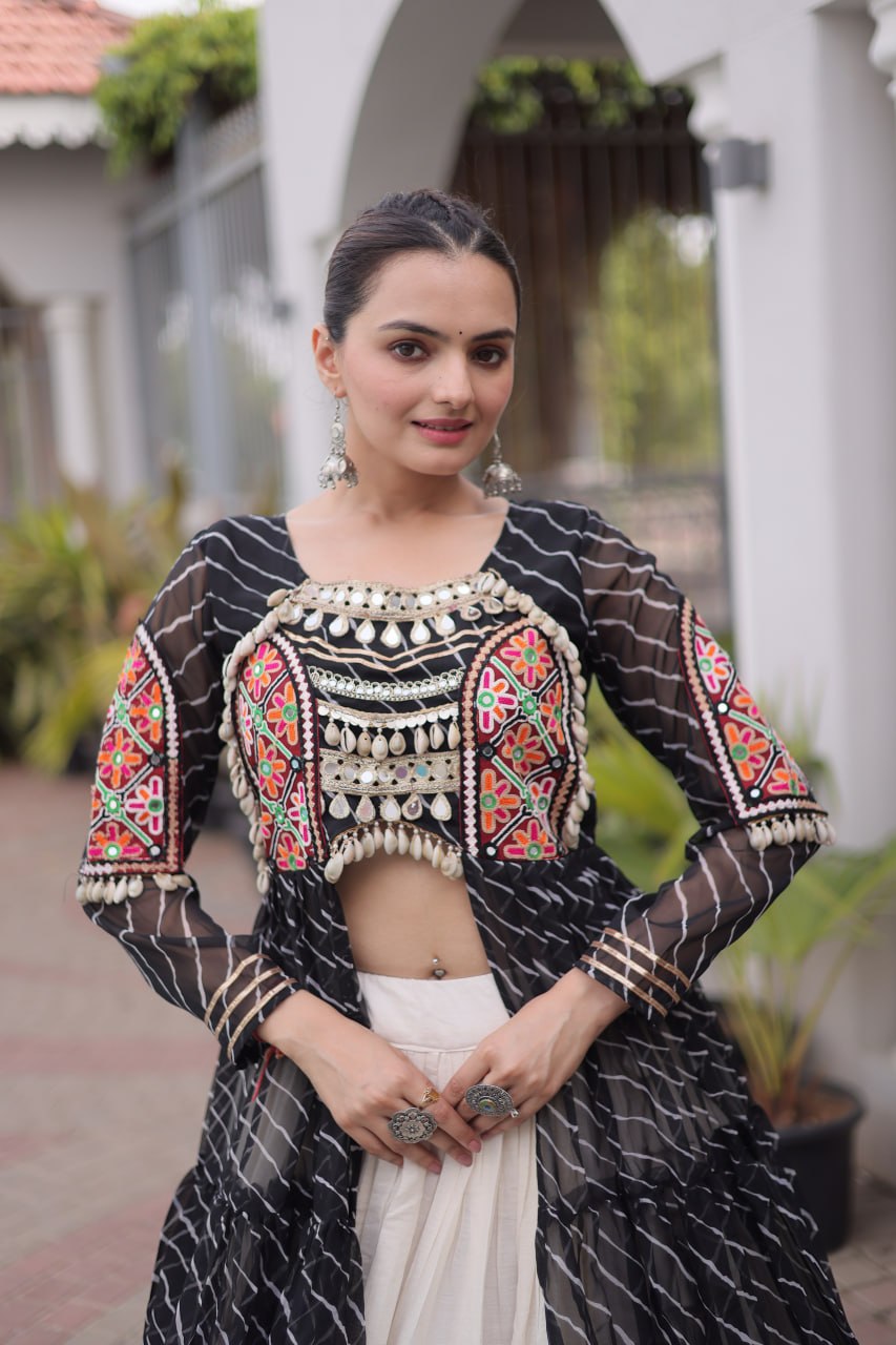 Designer Navratri Kora Cotton Frill Stitch Lehenga with Laheriya Kurti