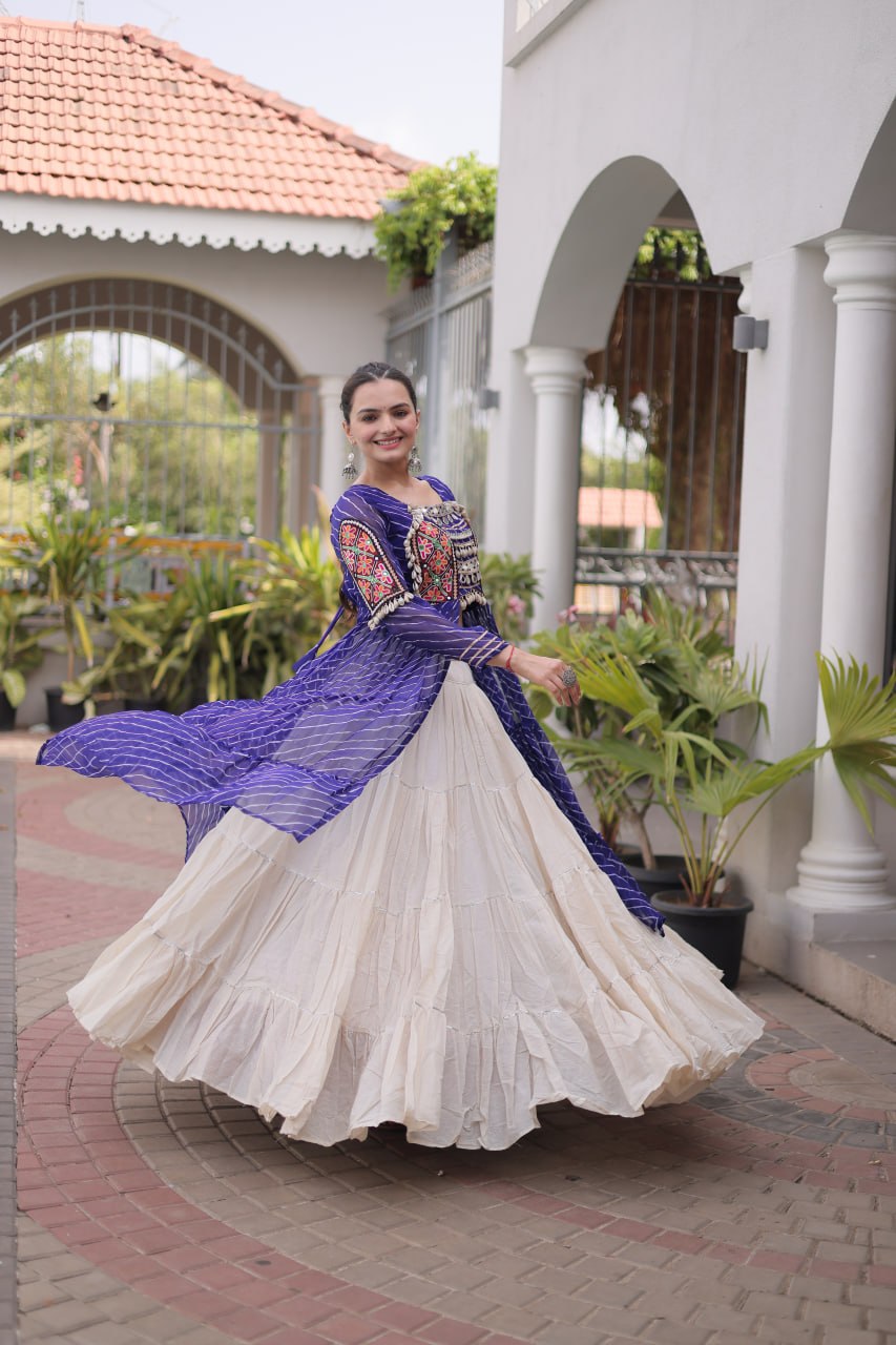 Designer Navratri Kora Cotton Frill Stitch Lehenga with Laheriya Kurti