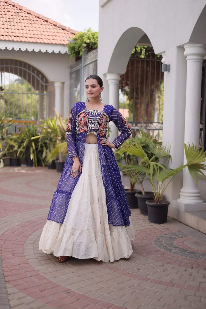 Designer Navratri Kora Cotton Frill Stitch Lehenga with Laheriya Kurti