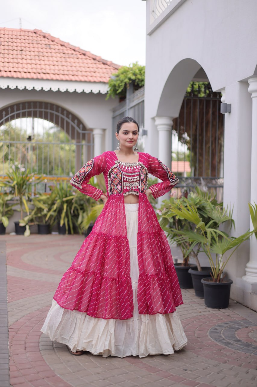 Designer Navratri Kora Cotton Frill Stitch Lehenga with Laheriya Kurti