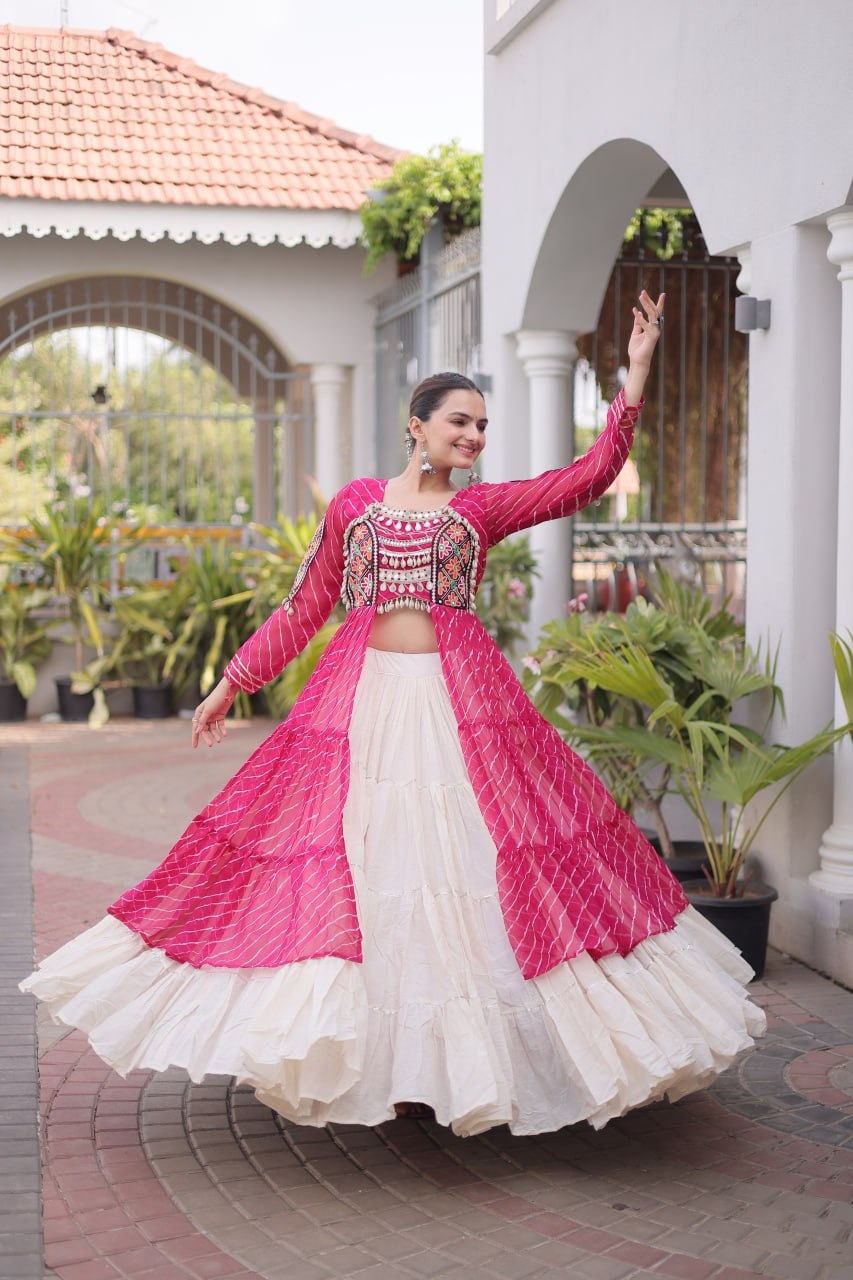 Designer Navratri Kora Cotton Frill Stitch Lehenga with Laheriya Kurti