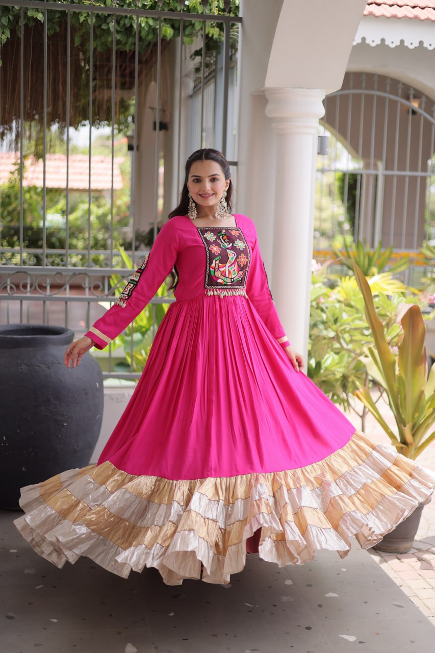 Elegant Rayon Kutchi Patch Work 4 Layered Navratri Gown