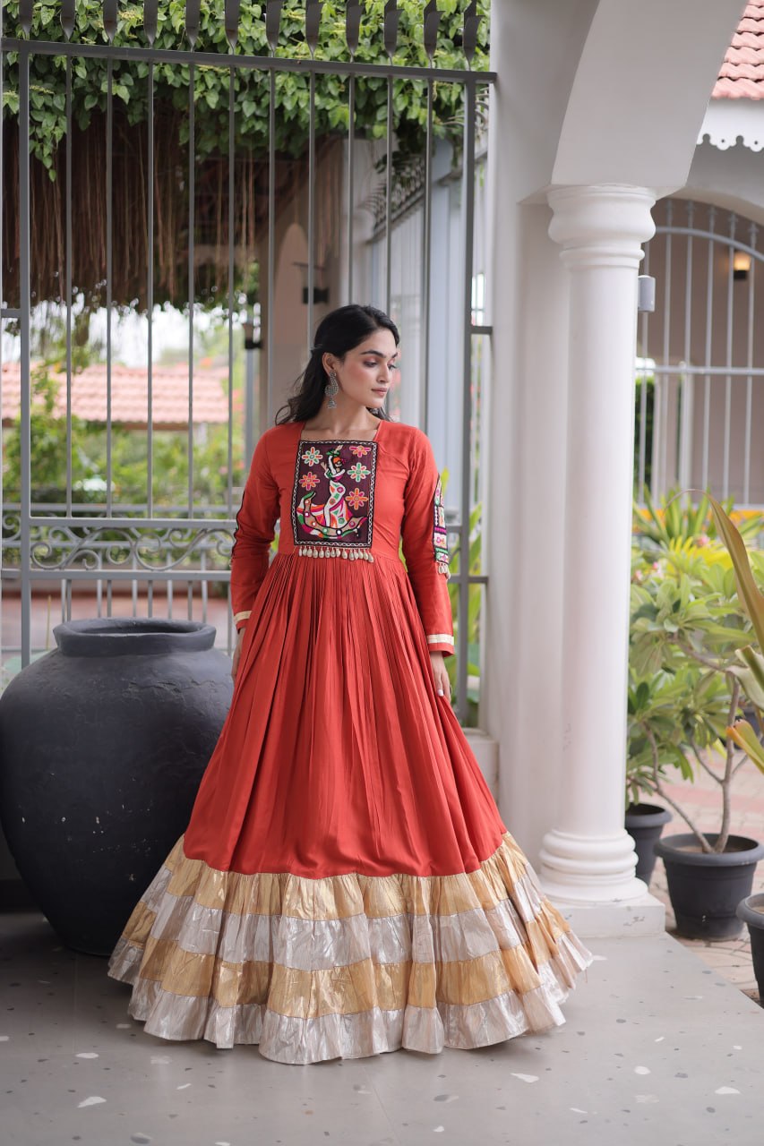 Elegant Rayon Kutchi Patch Work 4 Layered Navratri Gown