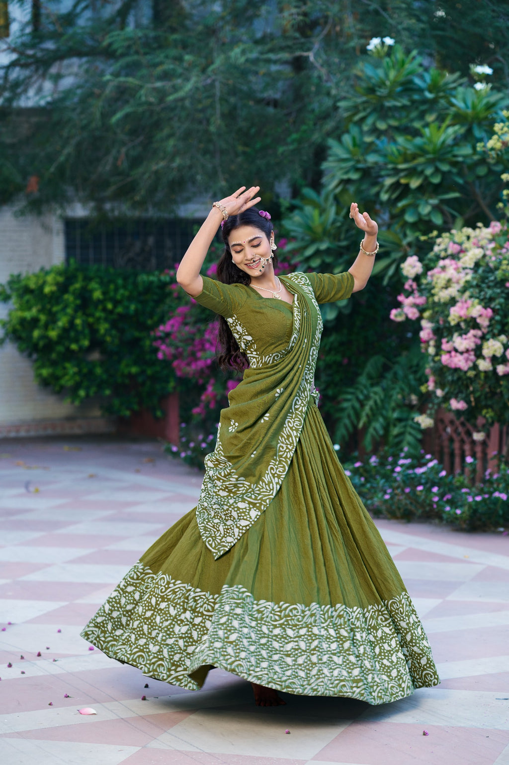 Gopidress Cotton Chanderi Natural Batik Print Lehenga Choli Set