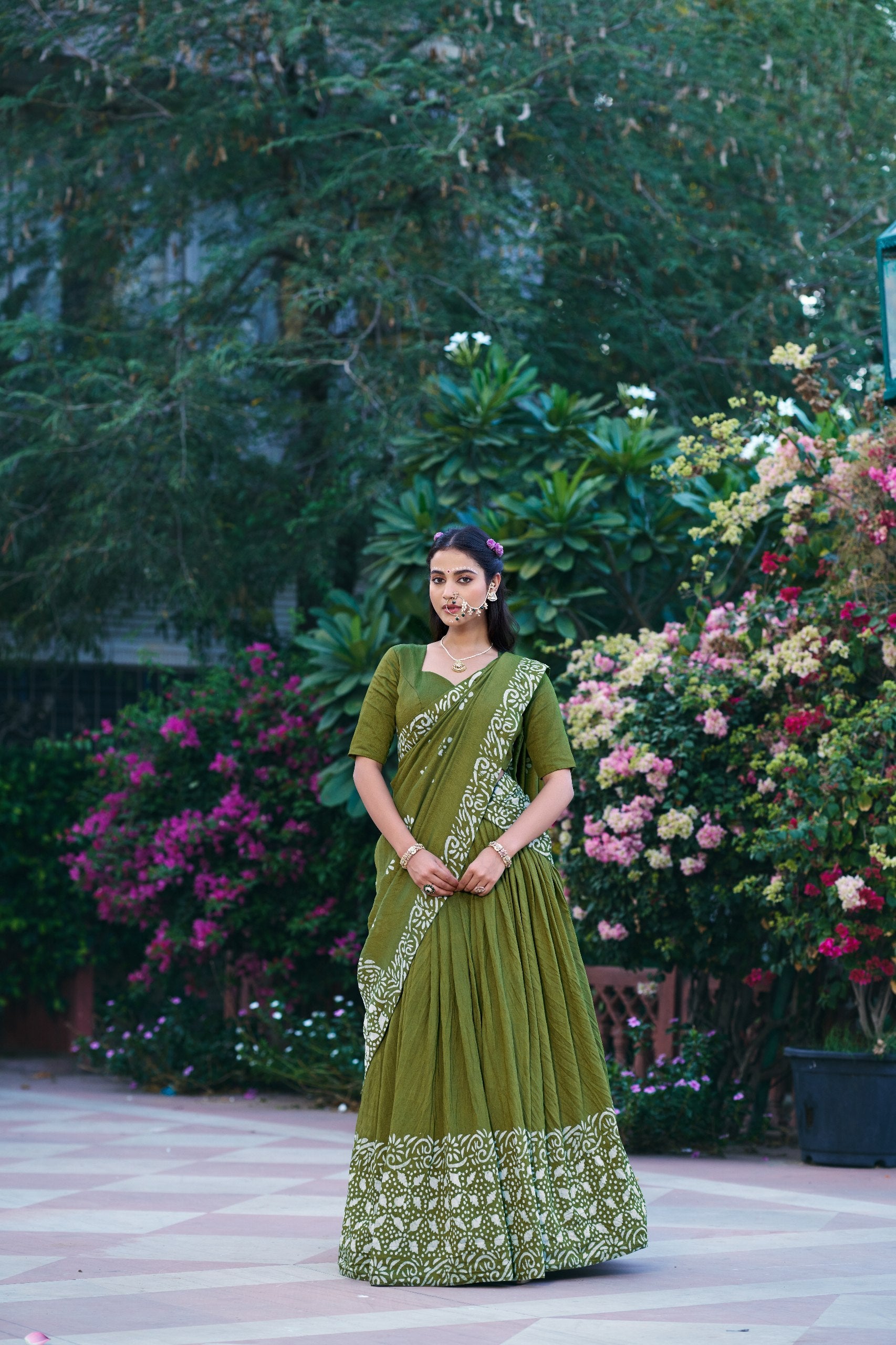 Gopidress Cotton Chanderi Natural Batik Print Lehenga Choli Set