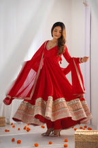 Designer Red Blooming Vichitra Silk Mirror Lace Flared Anarkali Set
