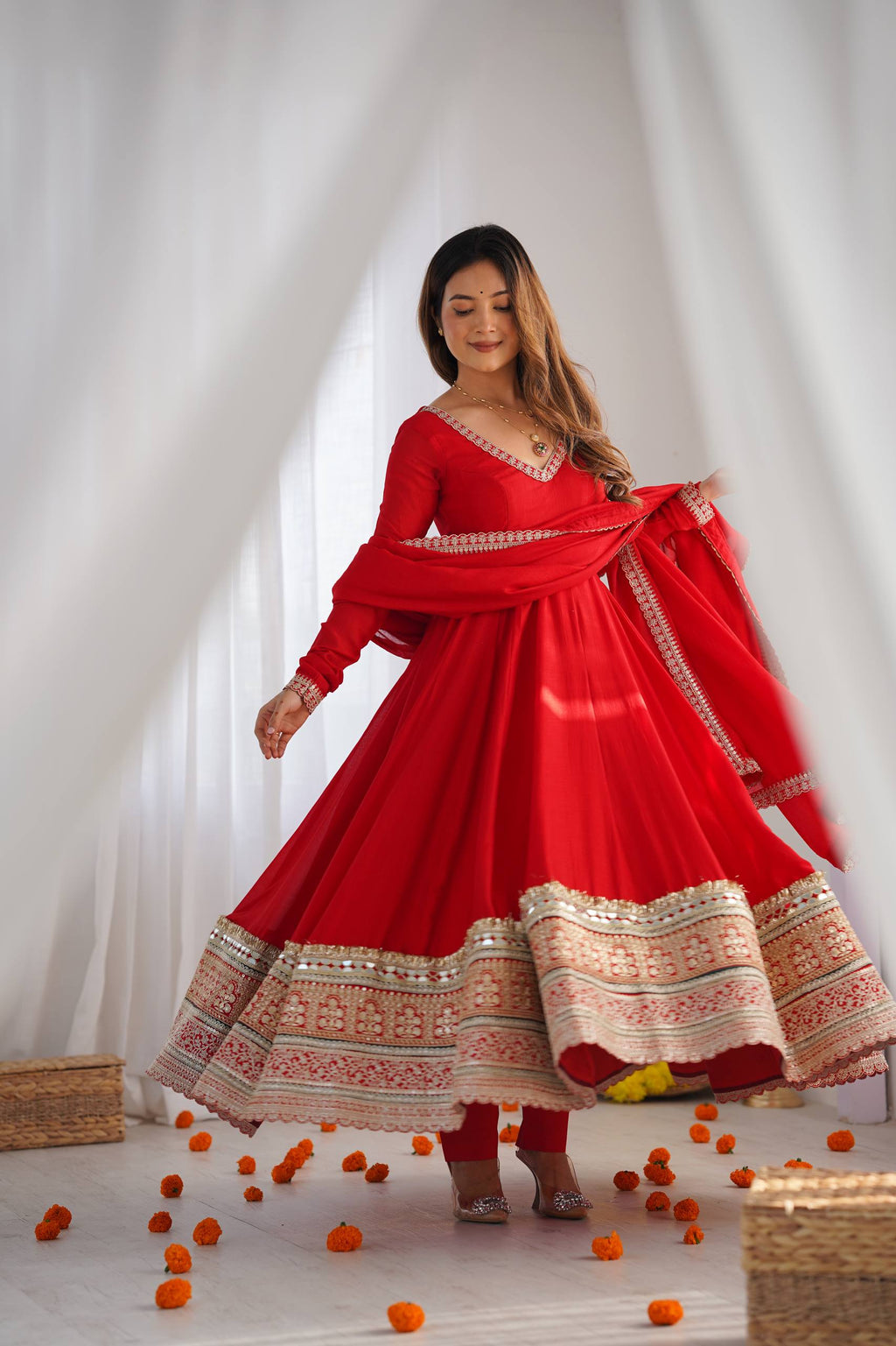 Designer Red Blooming Vichitra Silk Mirror Lace Flared Anarkali Set
