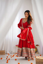 Designer Red Blooming Vichitra Silk Mirror Lace Flared Anarkali Set