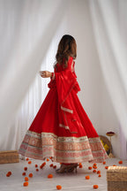 Designer Red Blooming Vichitra Silk Mirror Lace Flared Anarkali Set