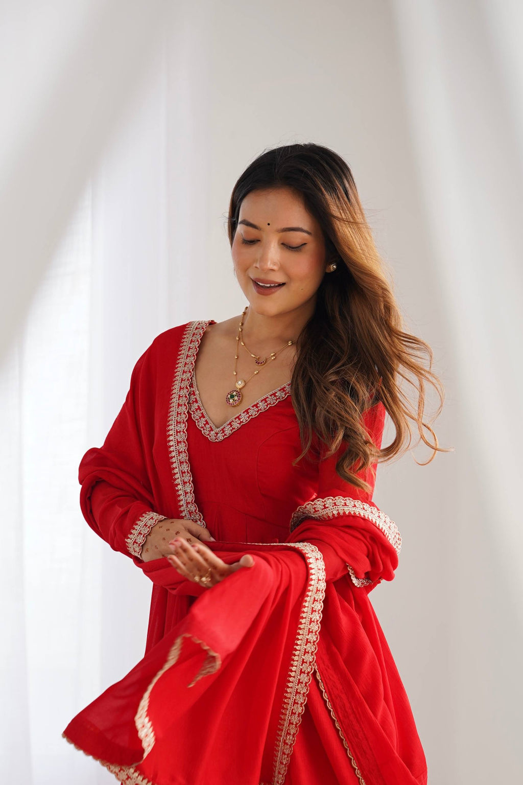 Designer Red Blooming Vichitra Silk Mirror Lace Flared Anarkali Set