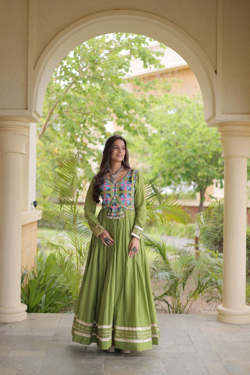 Festive Kora Cotton Gota Patti Real Mirror Work Gown