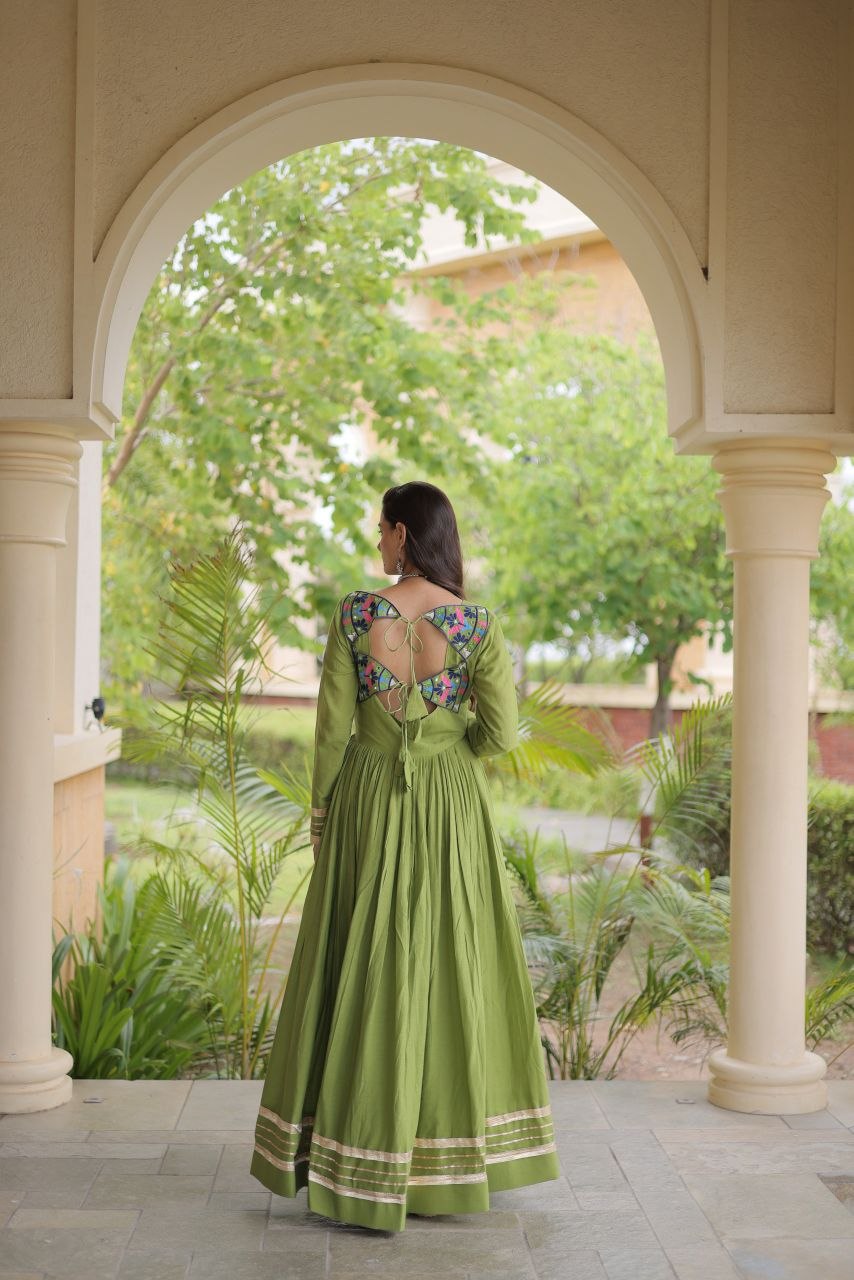 Festive Kora Cotton Gota Patti Real Mirror Work Gown
