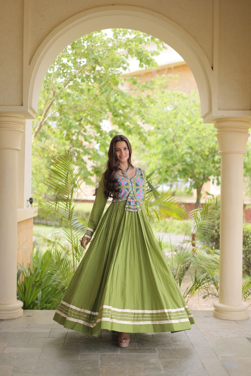 Festive Kora Cotton Gota Patti Real Mirror Work Gown