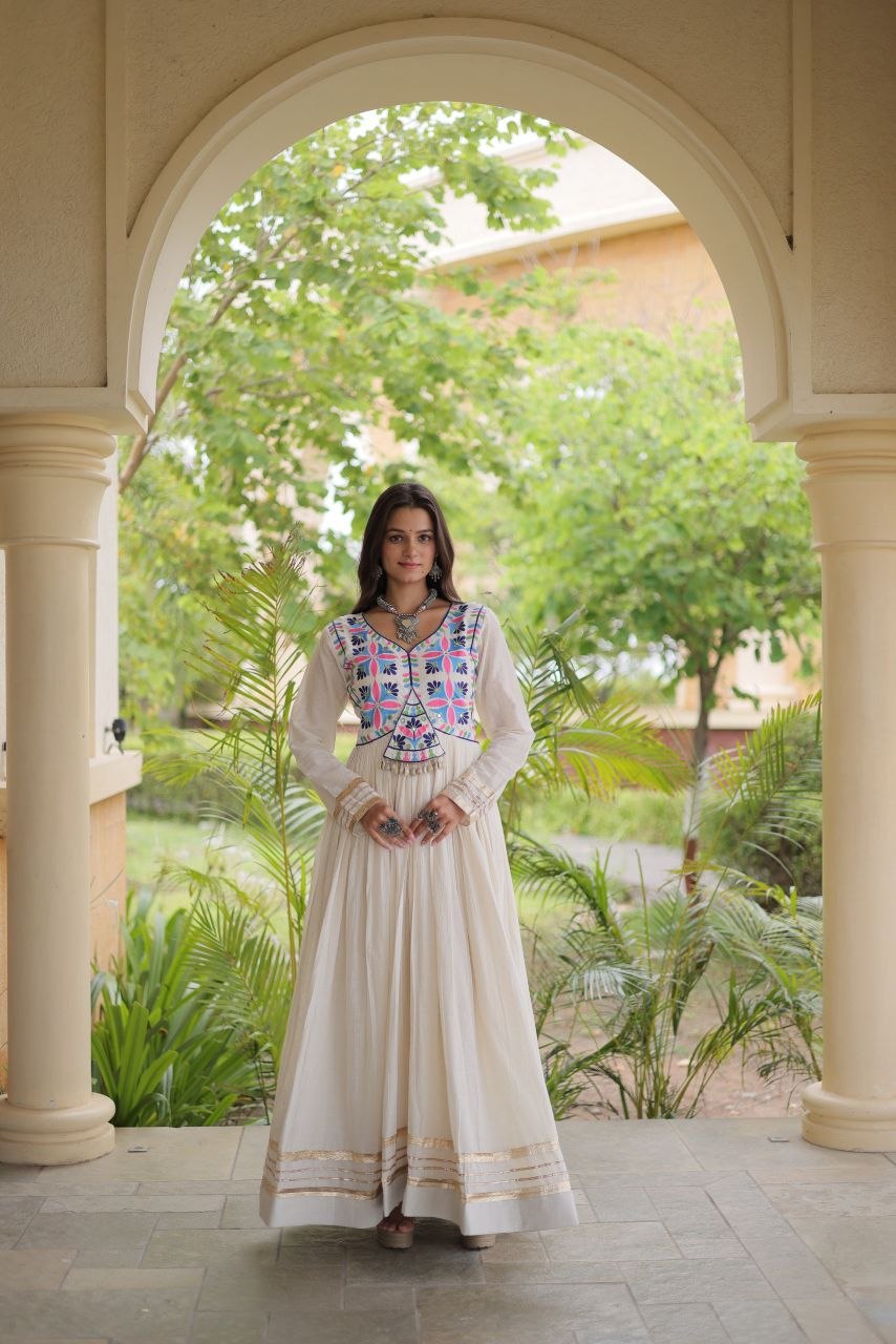 Festive Kora Cotton Gota Patti Real Mirror Work Gown