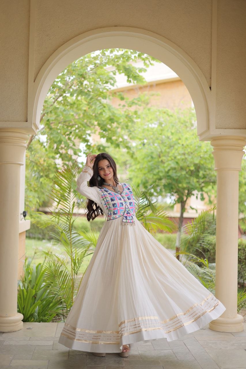 Festive Kora Cotton Gota Patti Real Mirror Work Gown