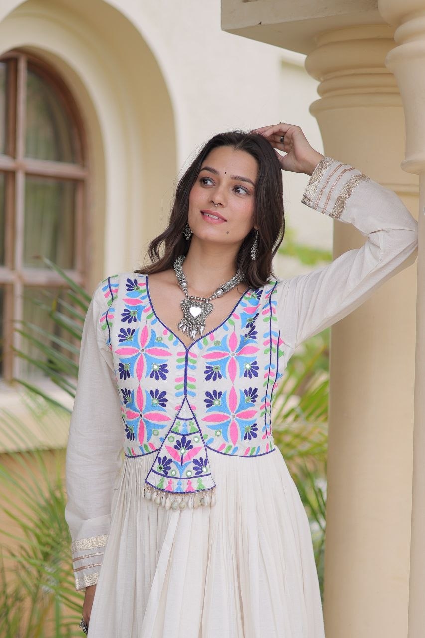 Festive Kora Cotton Gota Patti Real Mirror Work Gown