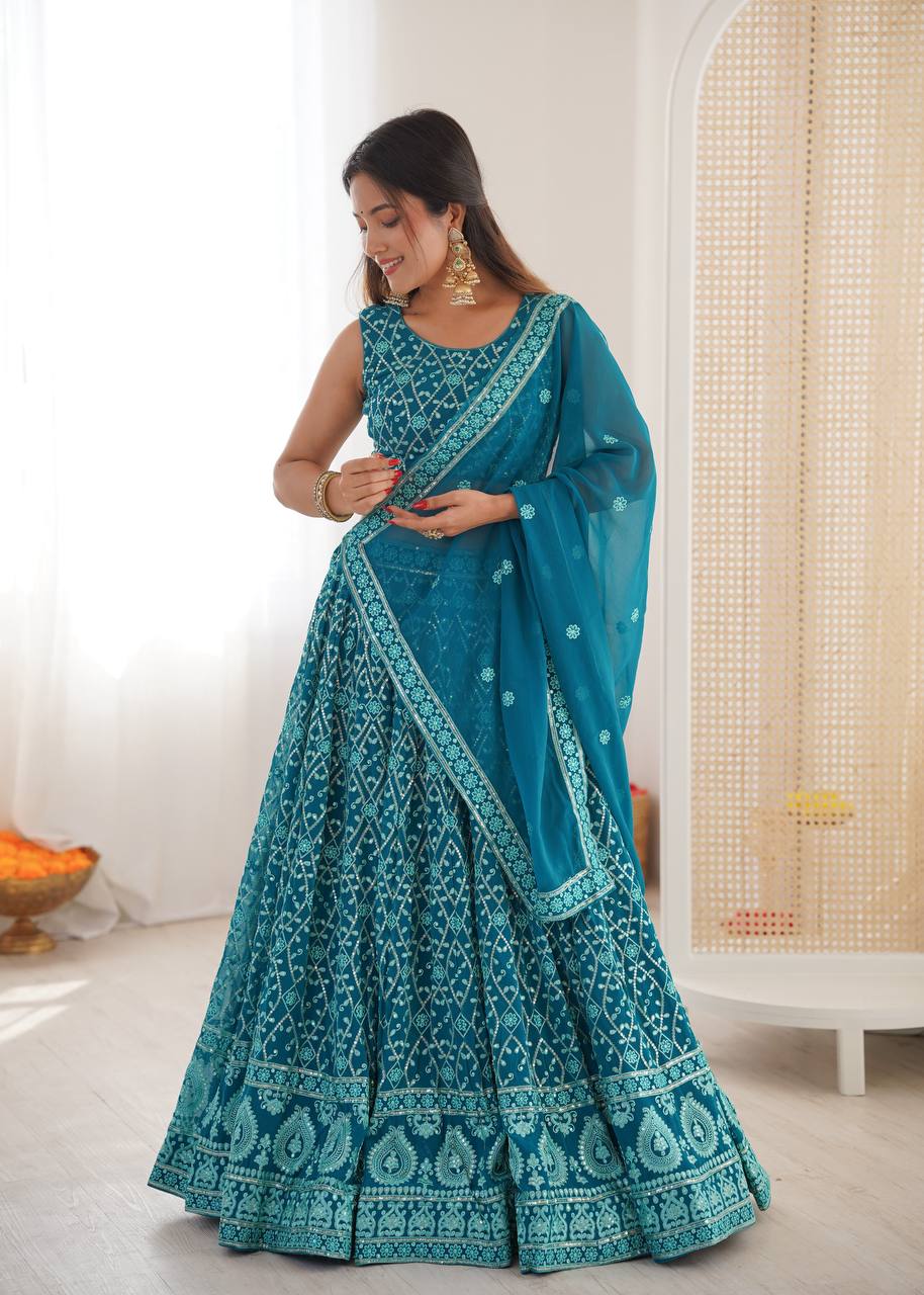 Grand Sky Faux Georgette Thread & Sequins Wedding Lehenga Set