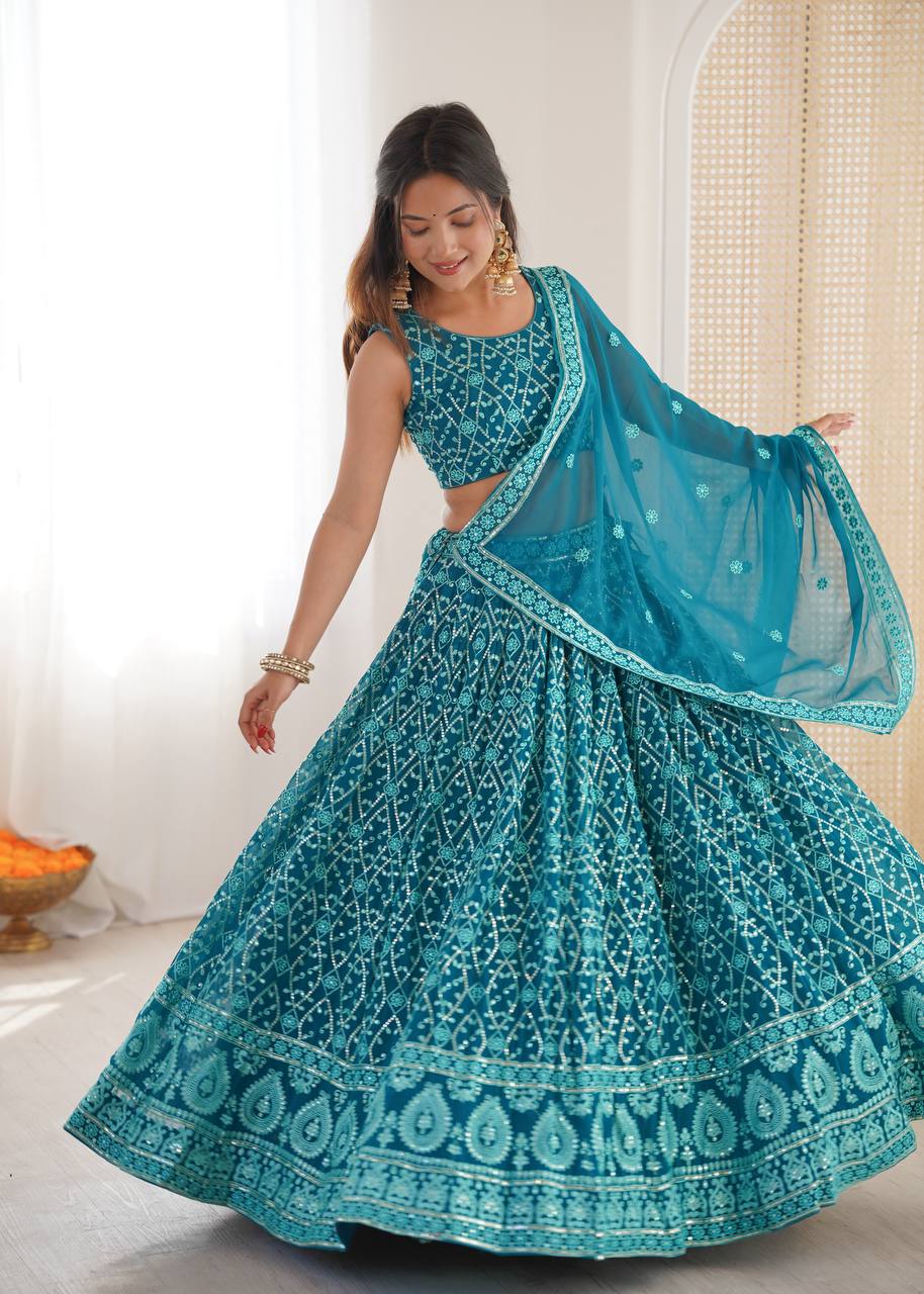 Grand Sky Faux Georgette Thread & Sequins Wedding Lehenga Set