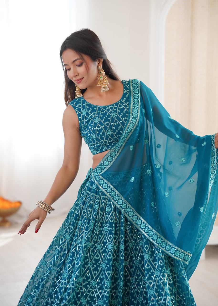 Grand Sky Faux Georgette Thread & Sequins Wedding Lehenga Set