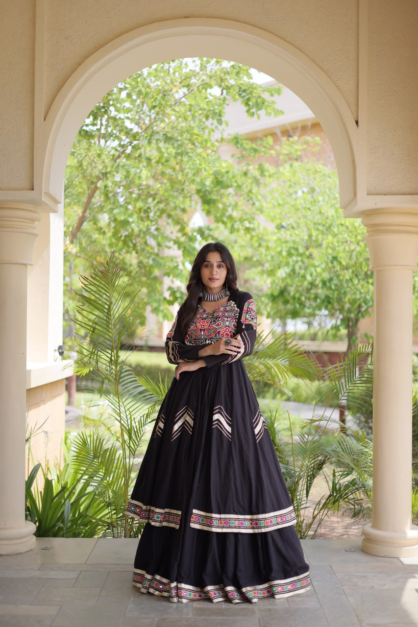 Navratri Kora Cotton Real Mirror Work Lehenga Shrug Set