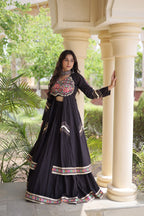 Navratri Kora Cotton Real Mirror Work Lehenga Shrug Set