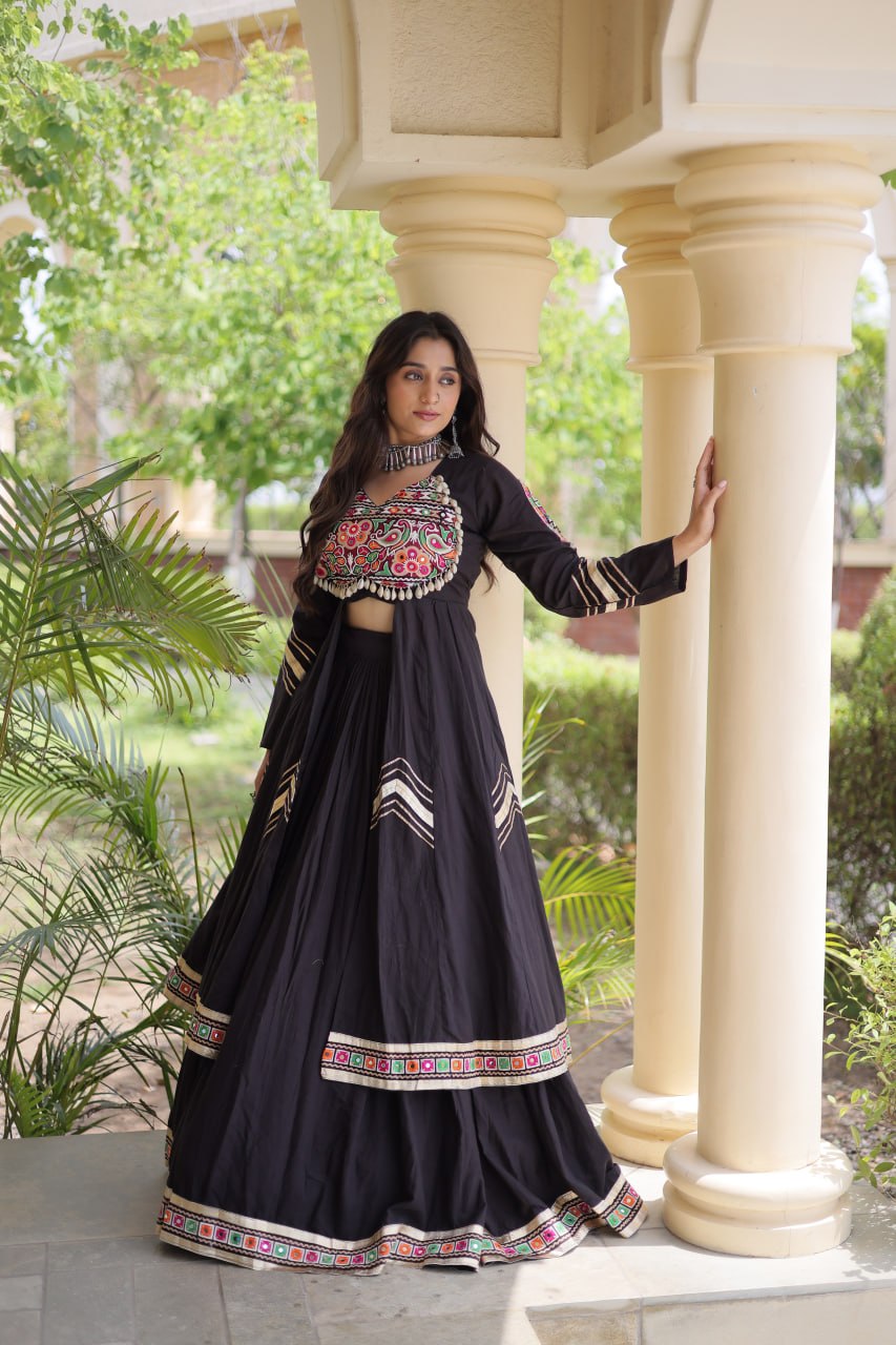 Navratri Kora Cotton Real Mirror Work Lehenga Shrug Set