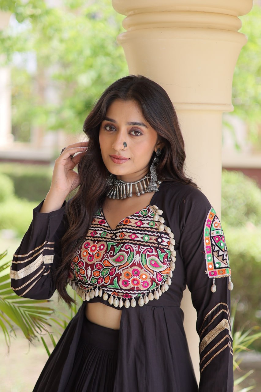 Navratri Kora Cotton Real Mirror Work Lehenga Shrug Set