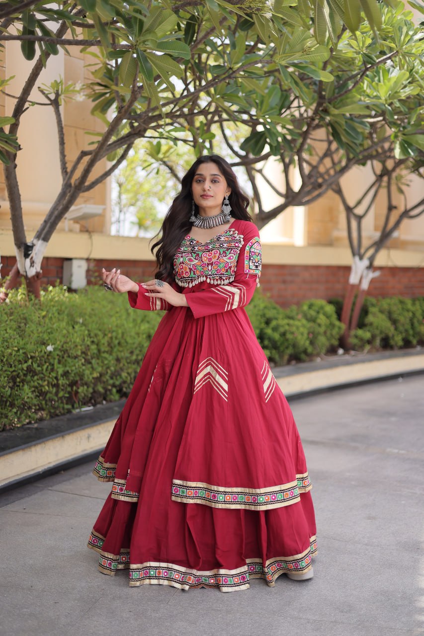 Navratri Kora Cotton Real Mirror Work Lehenga Shrug Set
