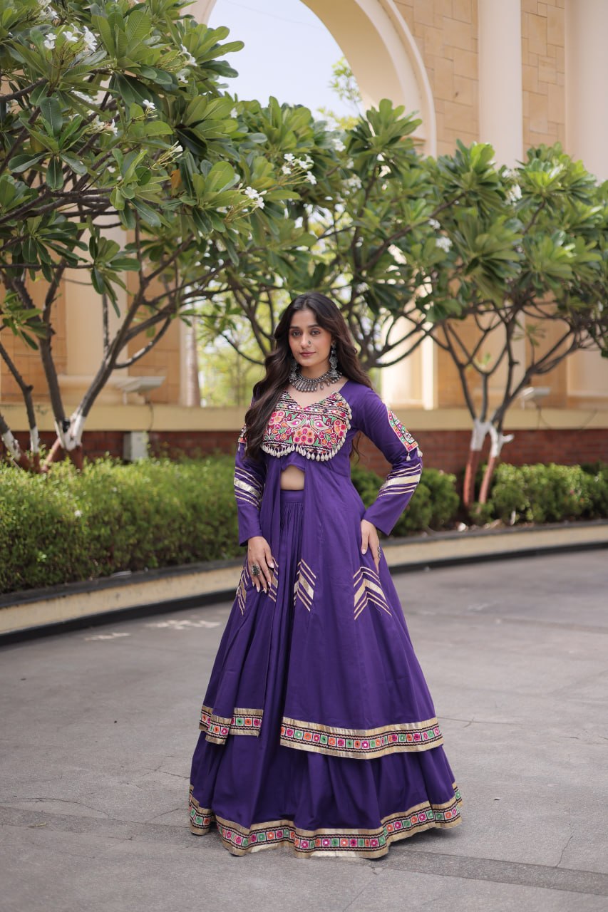 Navratri Kora Cotton Real Mirror Work Lehenga Shrug Set