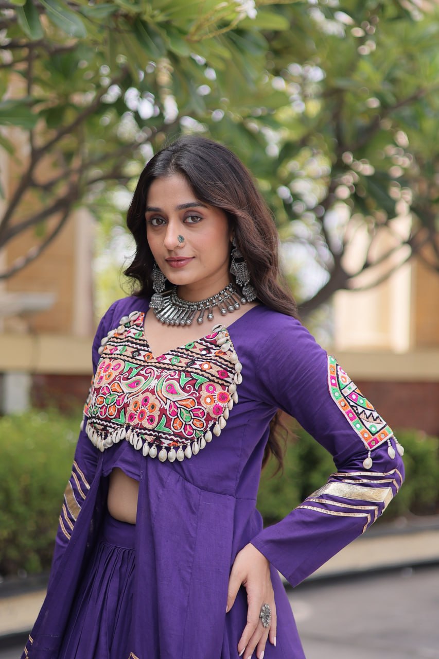 Navratri Kora Cotton Real Mirror Work Lehenga Shrug Set