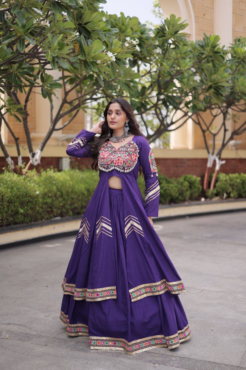 Navratri Kora Cotton Real Mirror Work Lehenga Shrug Set