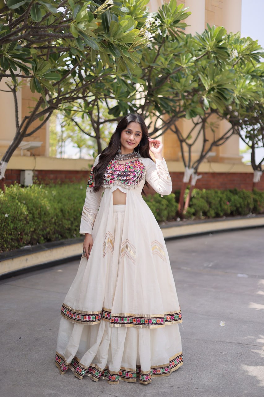 Navratri Kora Cotton Real Mirror Work Lehenga Shrug Set
