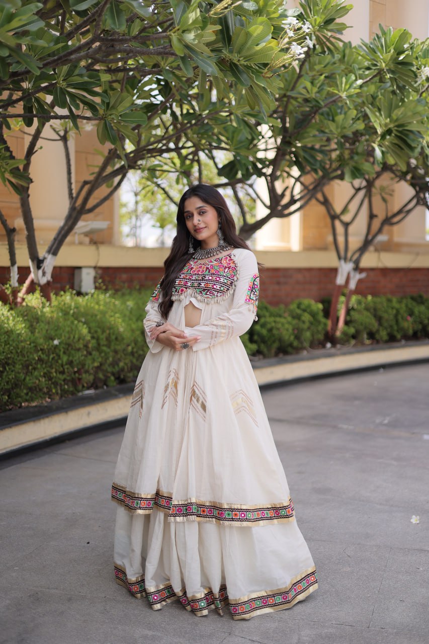 Navratri Kora Cotton Real Mirror Work Lehenga Shrug Set