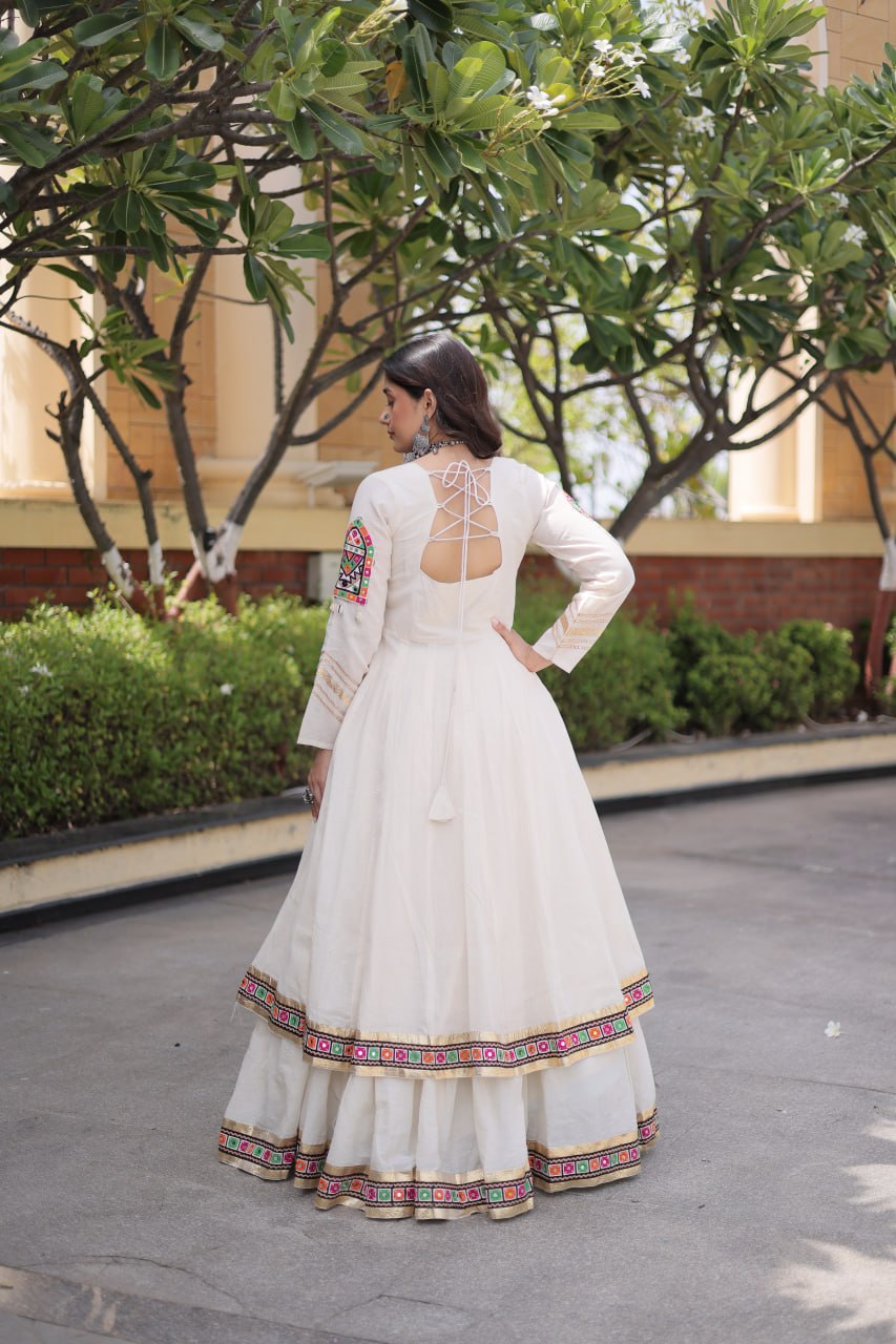 Navratri Kora Cotton Real Mirror Work Lehenga Shrug Set