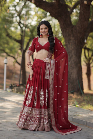 Maroon Embroidered Fully Flaired Georgette Lehenga