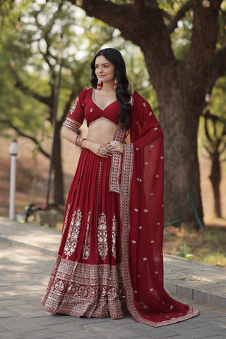 Maroon Embroidered Fully Flaired Georgette Lehenga