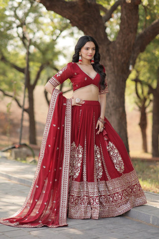 Maroon Embroidered Fully Flaired Georgette Lehenga