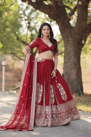 Maroon Embroidered Fully Flaired Georgette Lehenga