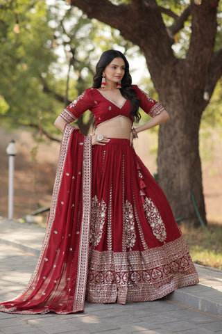 Maroon Embroidered Fully Flaired Georgette Lehenga