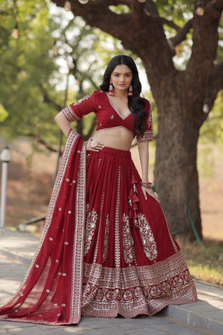 Maroon Embroidered Fully Flaired Georgette Lehenga