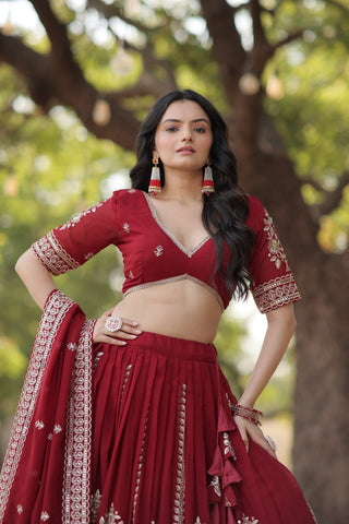 Maroon Embroidered Fully Flaired Georgette Lehenga