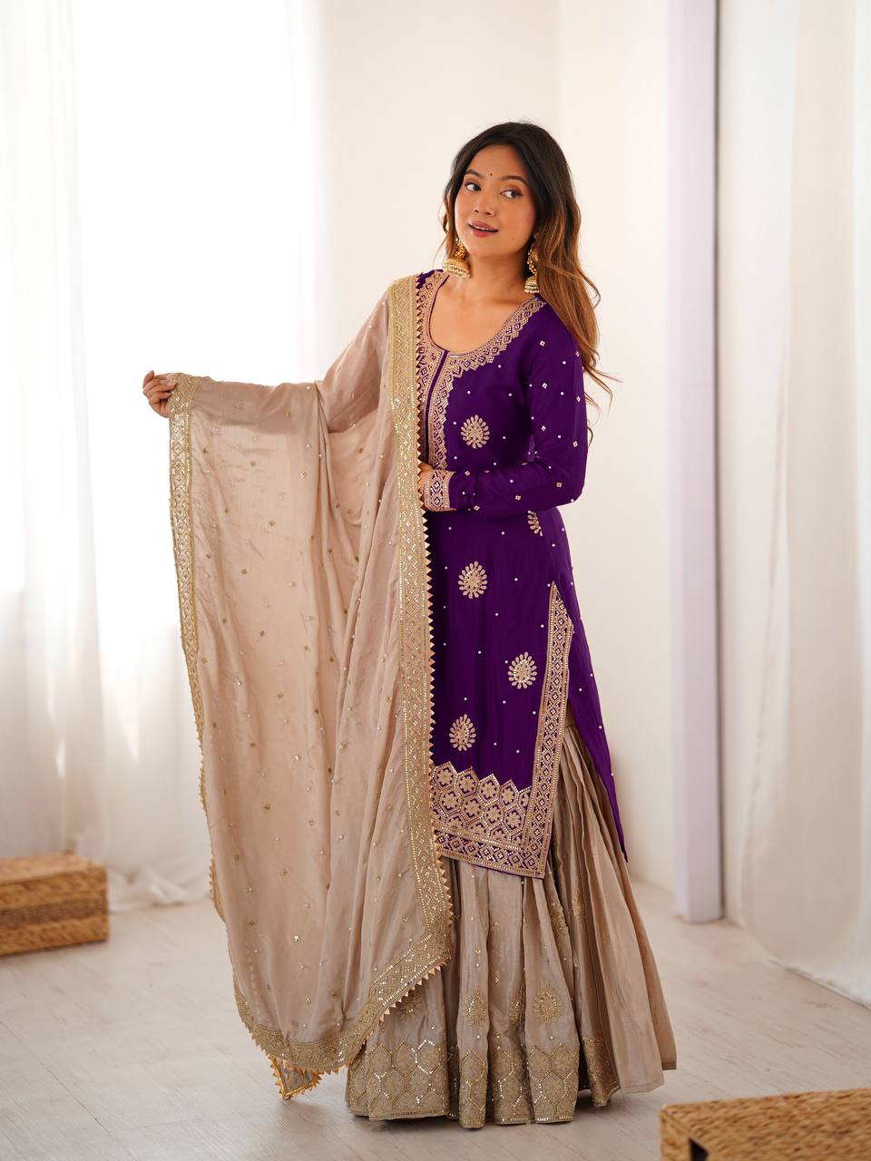 Traditional purple Chinon Silk Sharara Suit with Rich Pearl Embroidery
